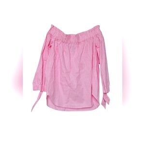 H&M Gingham Top 3/4 Sleeve Off the Shoulder Cotton Pink Checkered NEW XS